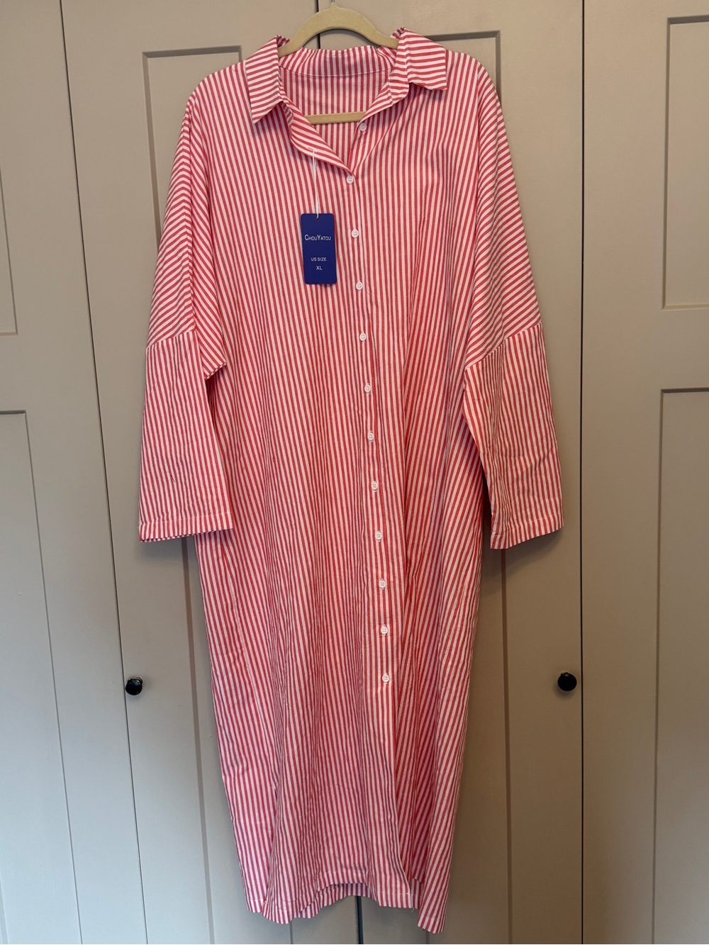 Red & White Striped Shirt Dress | Button Front | Size XL